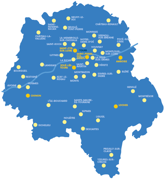 Carte Indre-et-Loire - tournée de printemps 2023 de l'Agence mobile 